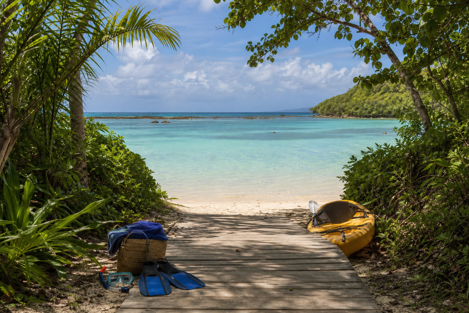 Accès à un lagon calme en Guadeloupe pour la baignade et le snorkeling