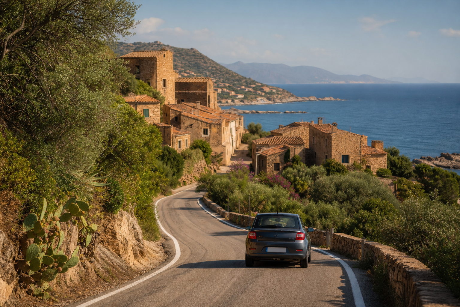 Route côtière de Sardaigne traversant un village en pierre face à la mer