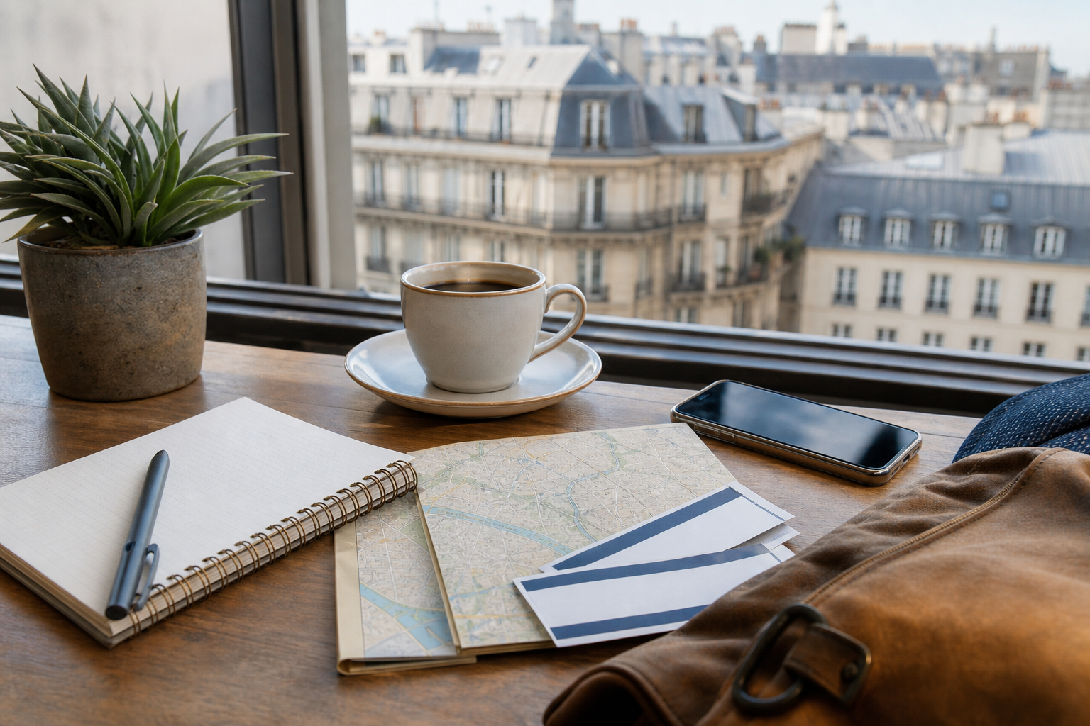 Table de préparation d'un week-end avec carte, carnet et billets sans texte