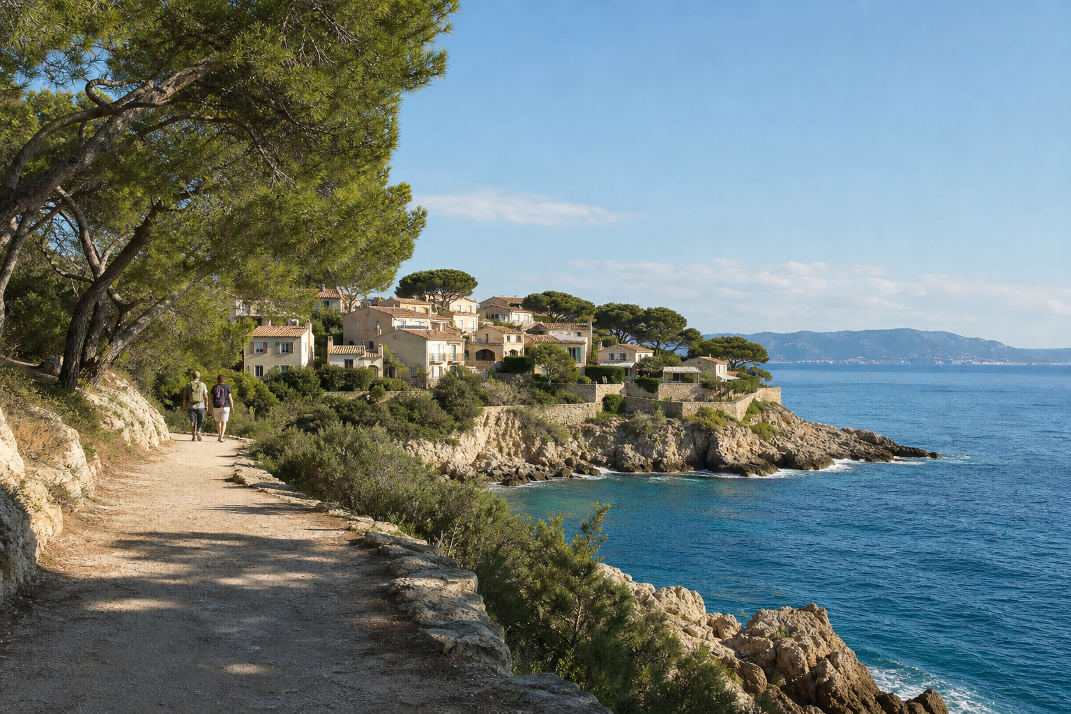 Sentier côtier méditerranéen devant un village et une mer bleue