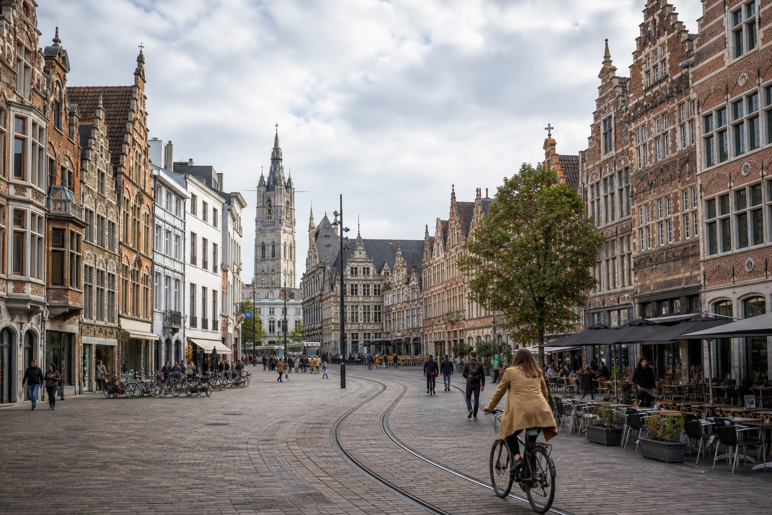 Place historique belge avec tram, vélos et façades en brique