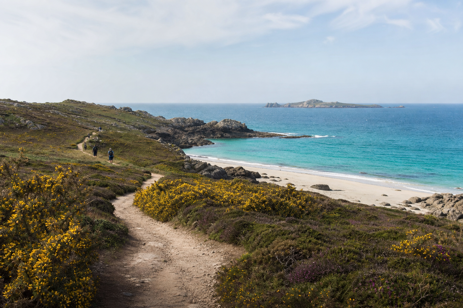 Sentier côtier fleuri au-dessus d'une plage de Bretagne sud